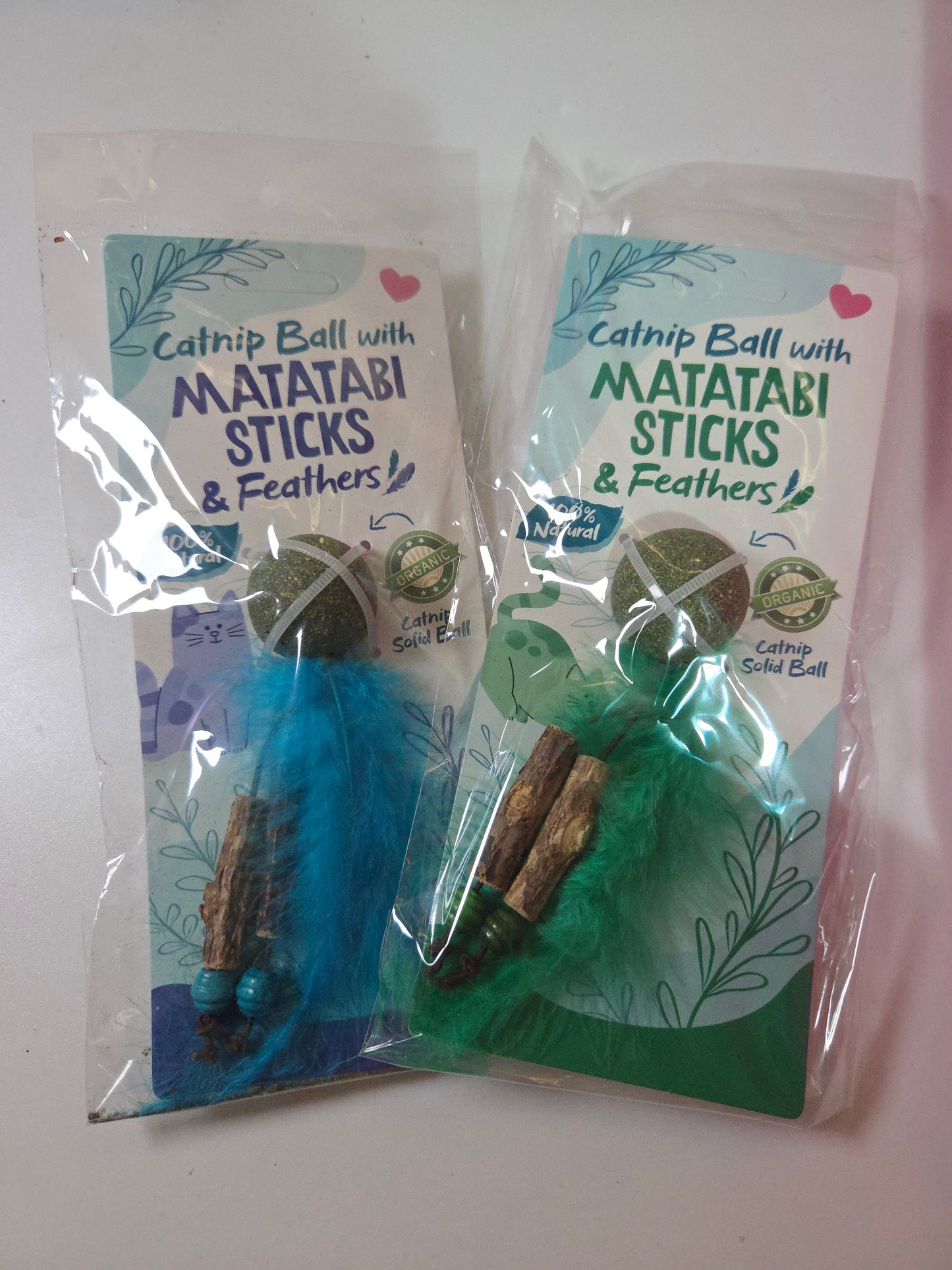 Catnip ball with matatabi sticks and feathers