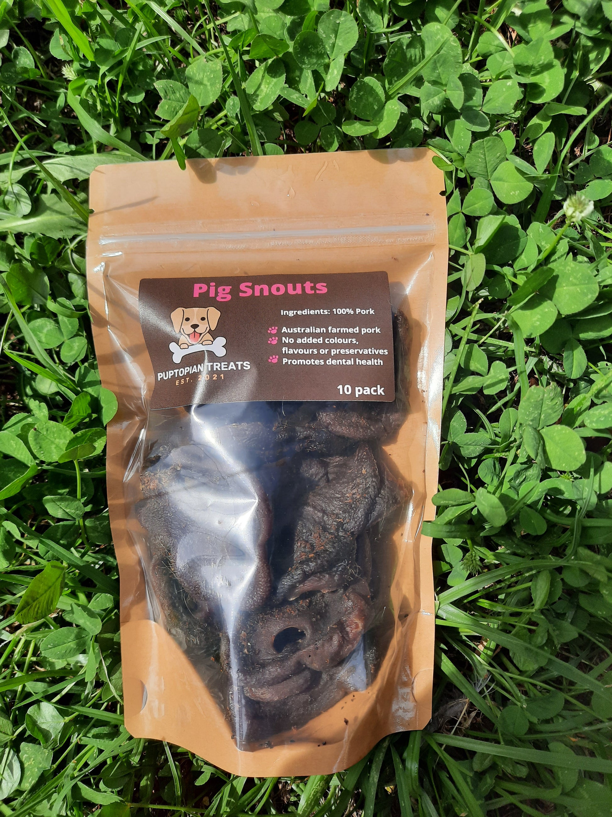 pig snouts dog treat 10 pack laying in grass